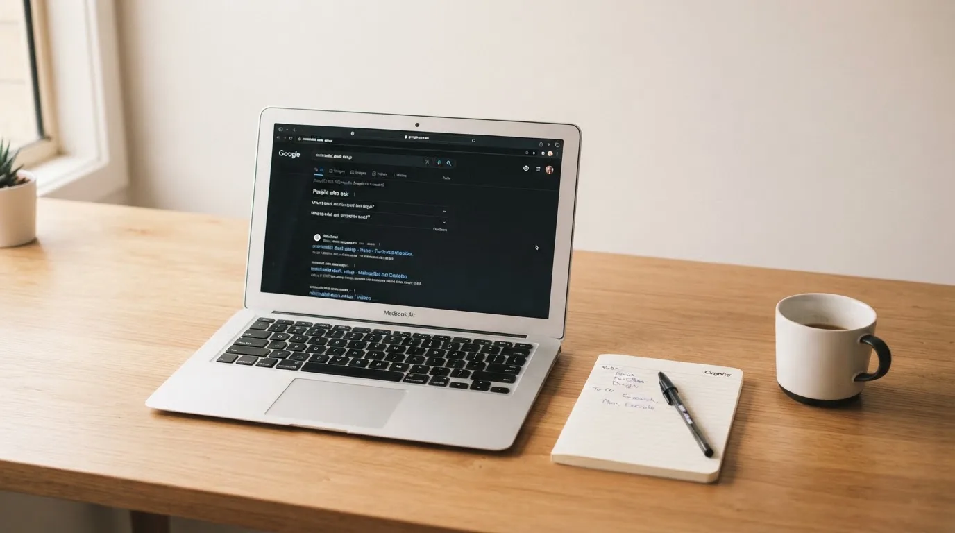A tidy desk with a laptop open on a plain search-results page, a notebook and a coffee cup beside it, no screens showing any casino branding.