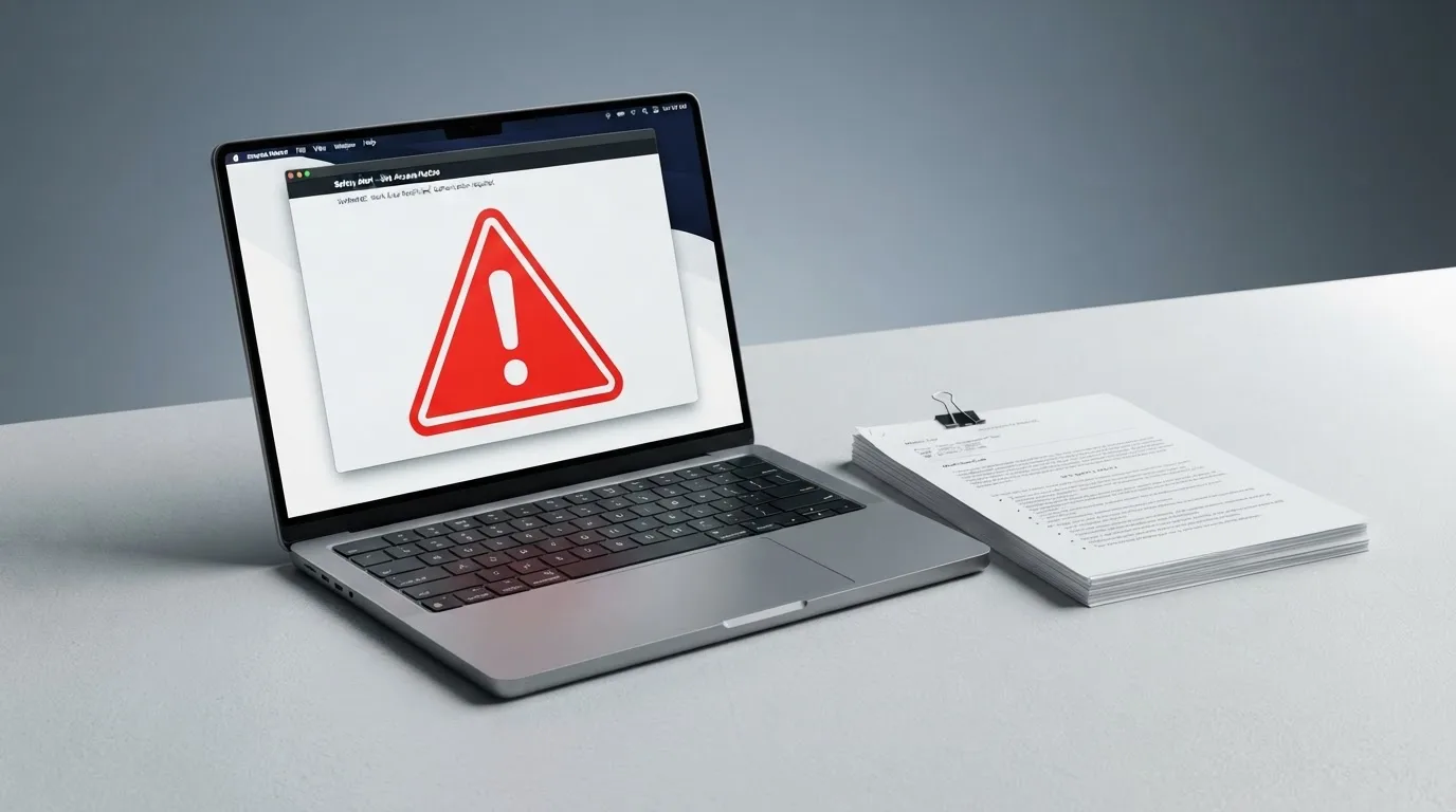 A red triangular warning sign icon on a laptop screen next to a stack of legal papers, symbolising an official caution rather than any specific website.