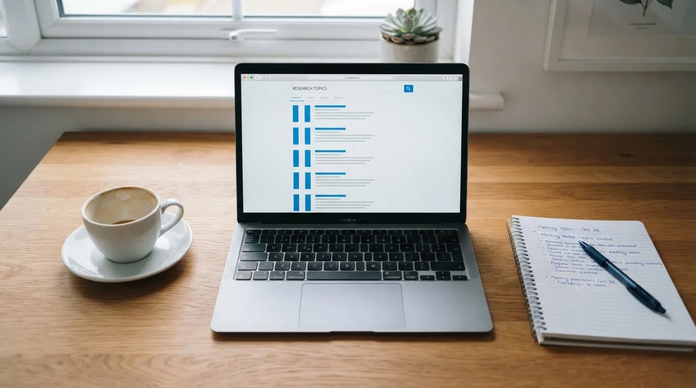 A tidy desk with a laptop open on a plain search-results page, a notebook and a coffee cup beside it, no screens showing any casino branding.