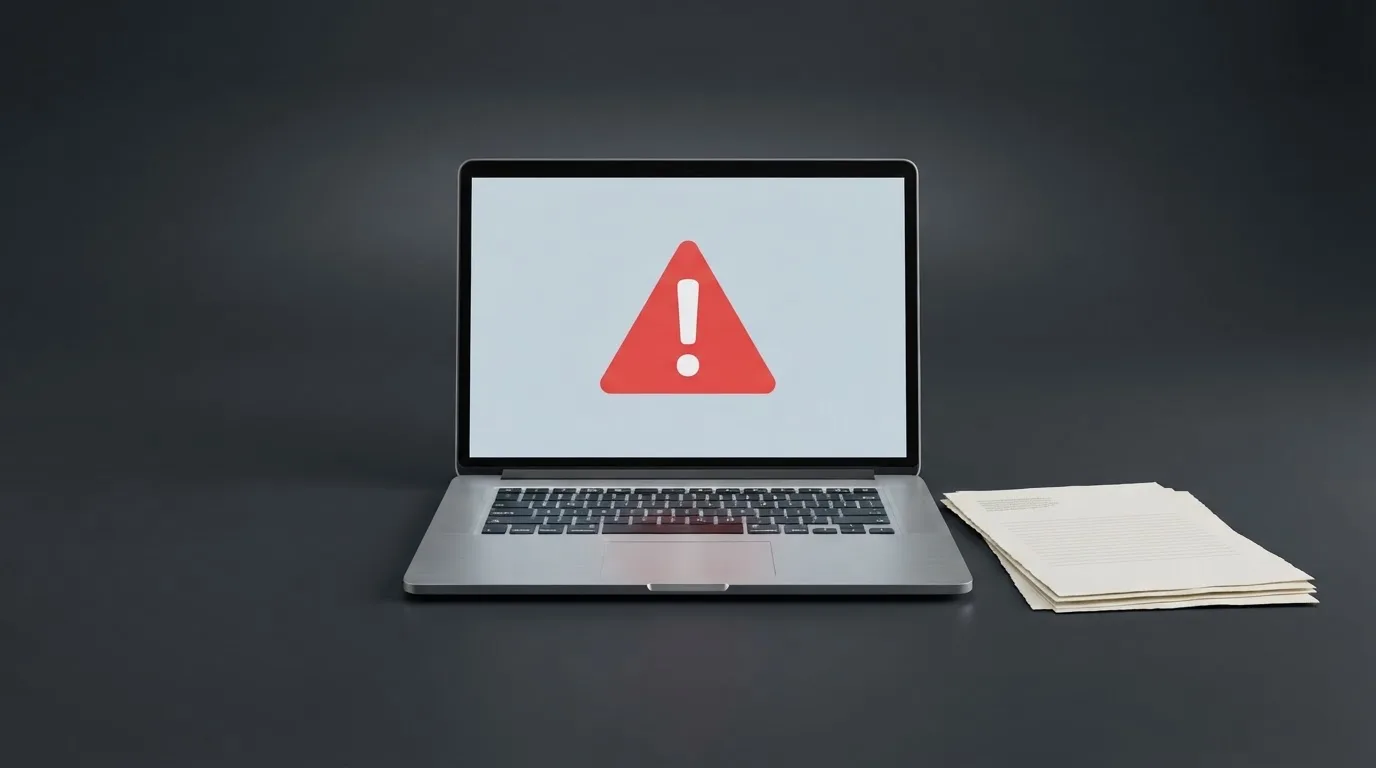 A red triangular warning sign icon on a laptop screen next to a stack of legal papers, symbolising an official caution rather than any specific website.