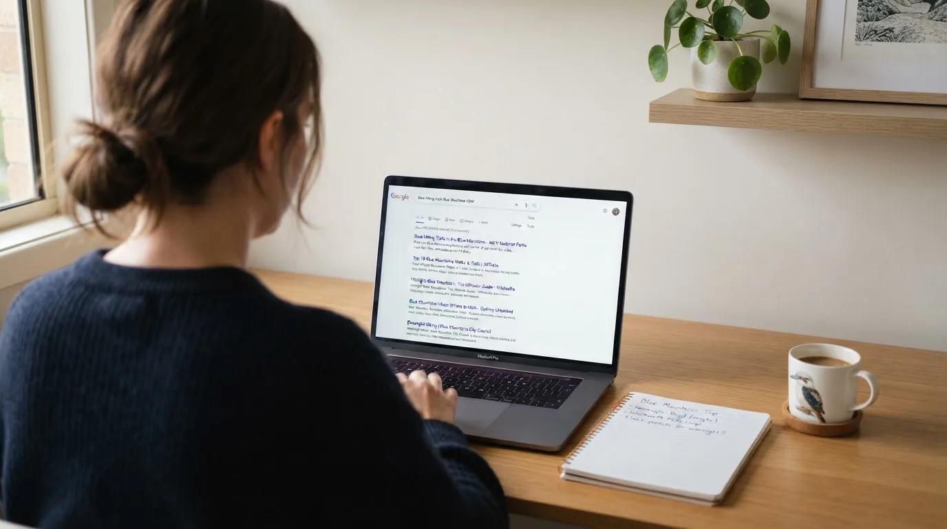 A tidy desk with a laptop open on a plain search-results page, a notebook and a coffee cup beside it, no screens showing any casino branding.