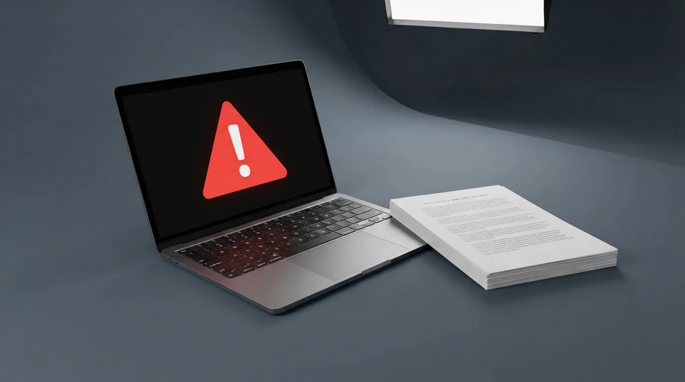 A red triangular warning sign icon on a laptop screen next to a stack of legal papers, symbolising an official caution rather than any specific website.