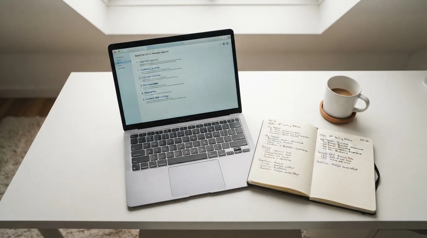 A tidy desk with a laptop open on a plain search-results page, a notebook and a coffee cup beside it, no screens showing any casino branding.