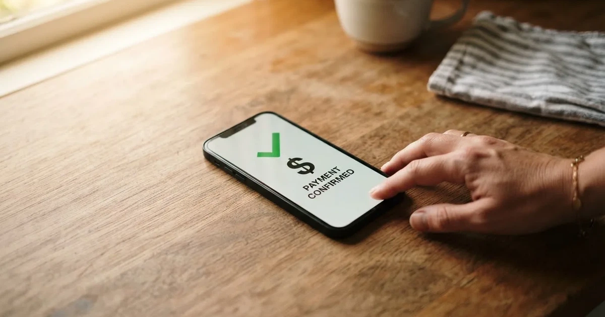 A smartphone screen showing a generic bank-transfer confirmation tick, held over a kitchen table.