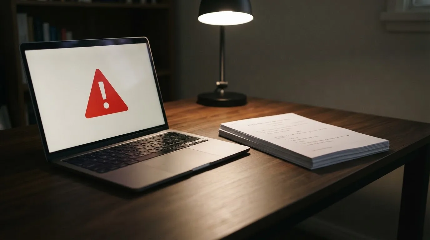 A red triangular warning sign icon on a laptop screen next to a stack of legal papers, symbolising an official caution rather than any specific website.