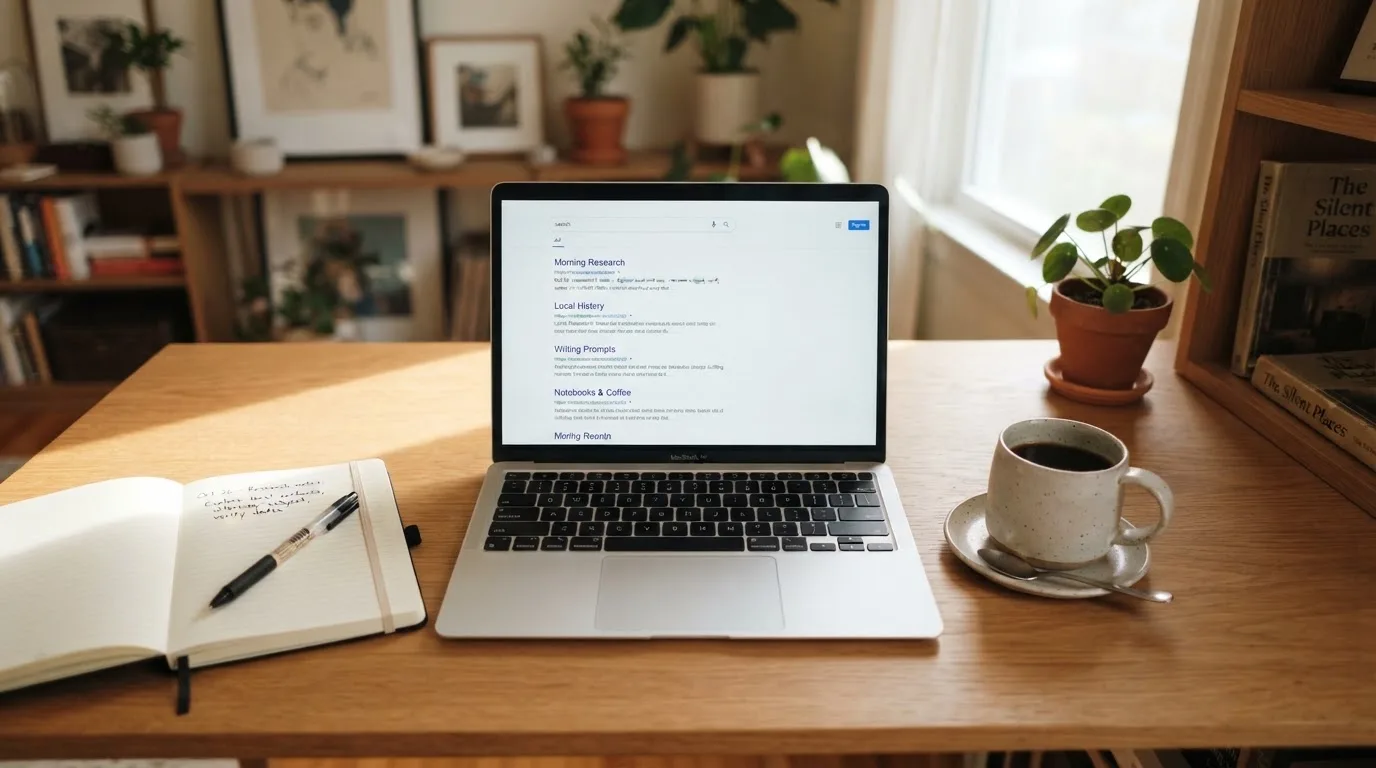 A tidy desk with a laptop open on a plain search-results page, a notebook and a coffee cup beside it, no screens showing any casino branding.