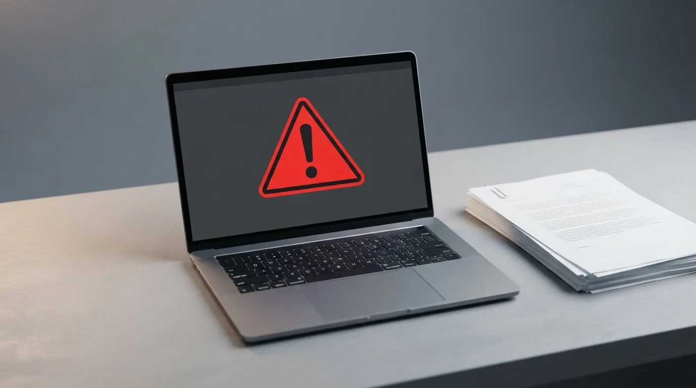 A red triangular warning sign icon on a laptop screen next to a stack of legal papers, symbolising an official caution rather than any specific website.