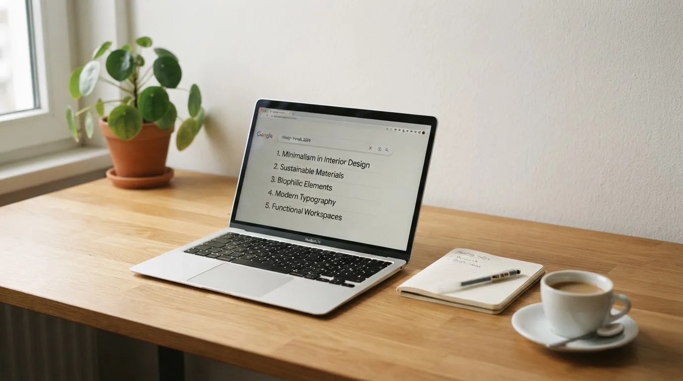 A tidy desk with a laptop open on a plain search-results page, a notebook and a coffee cup beside it, no screens showing any casino branding.