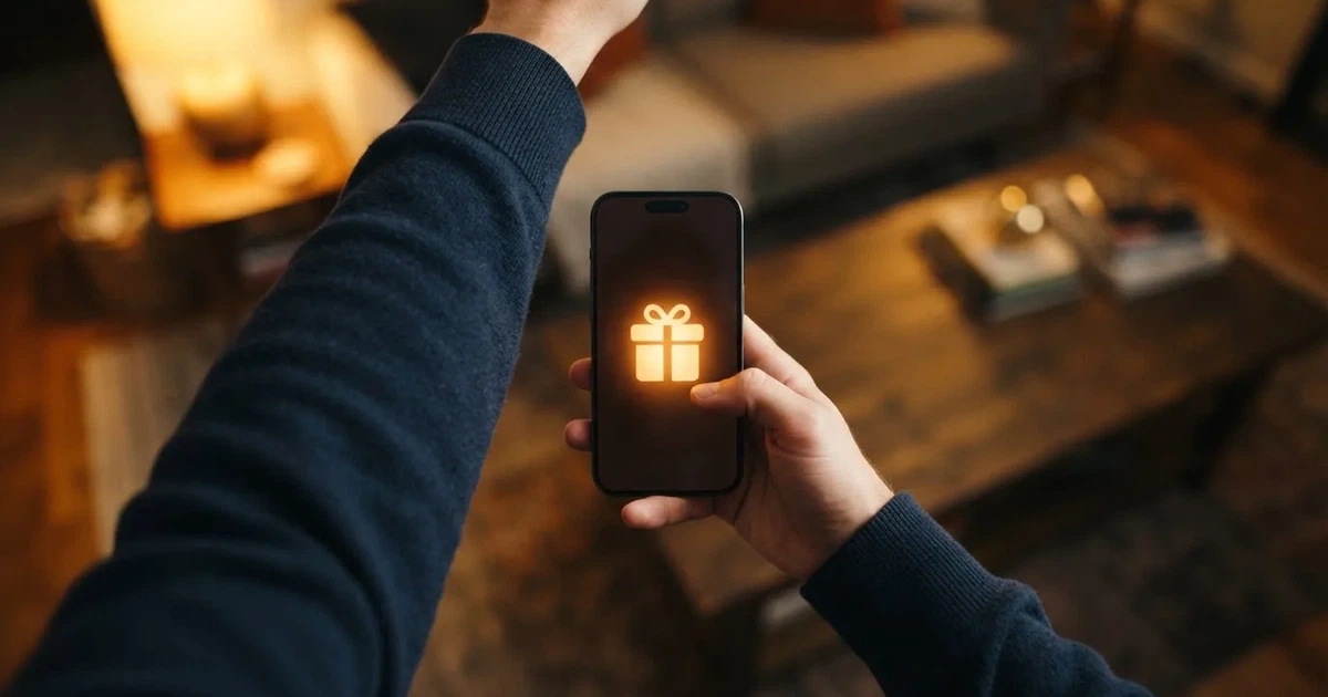A gift box icon glowing on a phone screen, held at arm's length, suggesting an unopened offer rather than an active game.