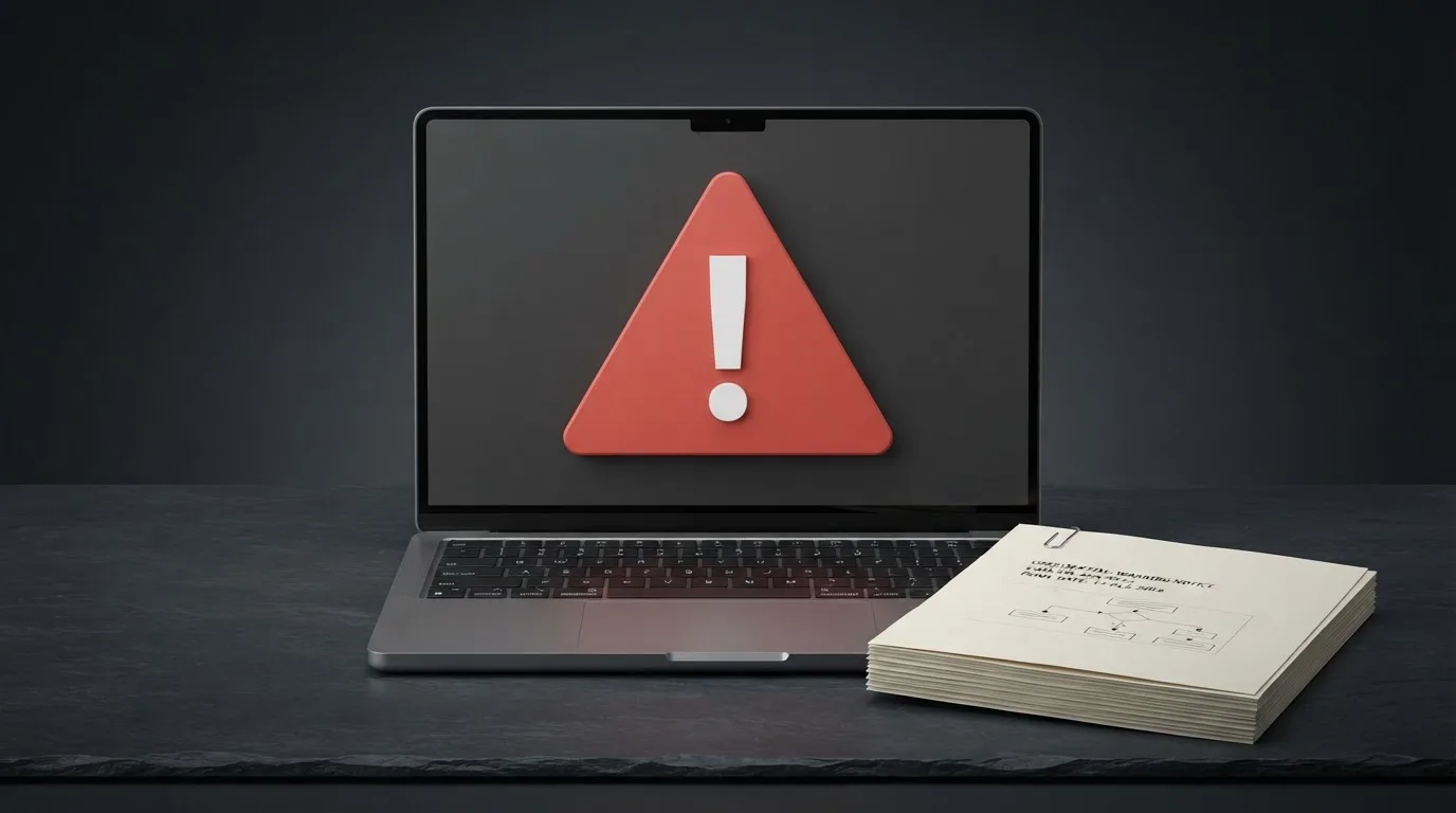 A red triangular warning sign icon on a laptop screen next to a stack of legal papers, symbolising an official caution rather than any specific website.