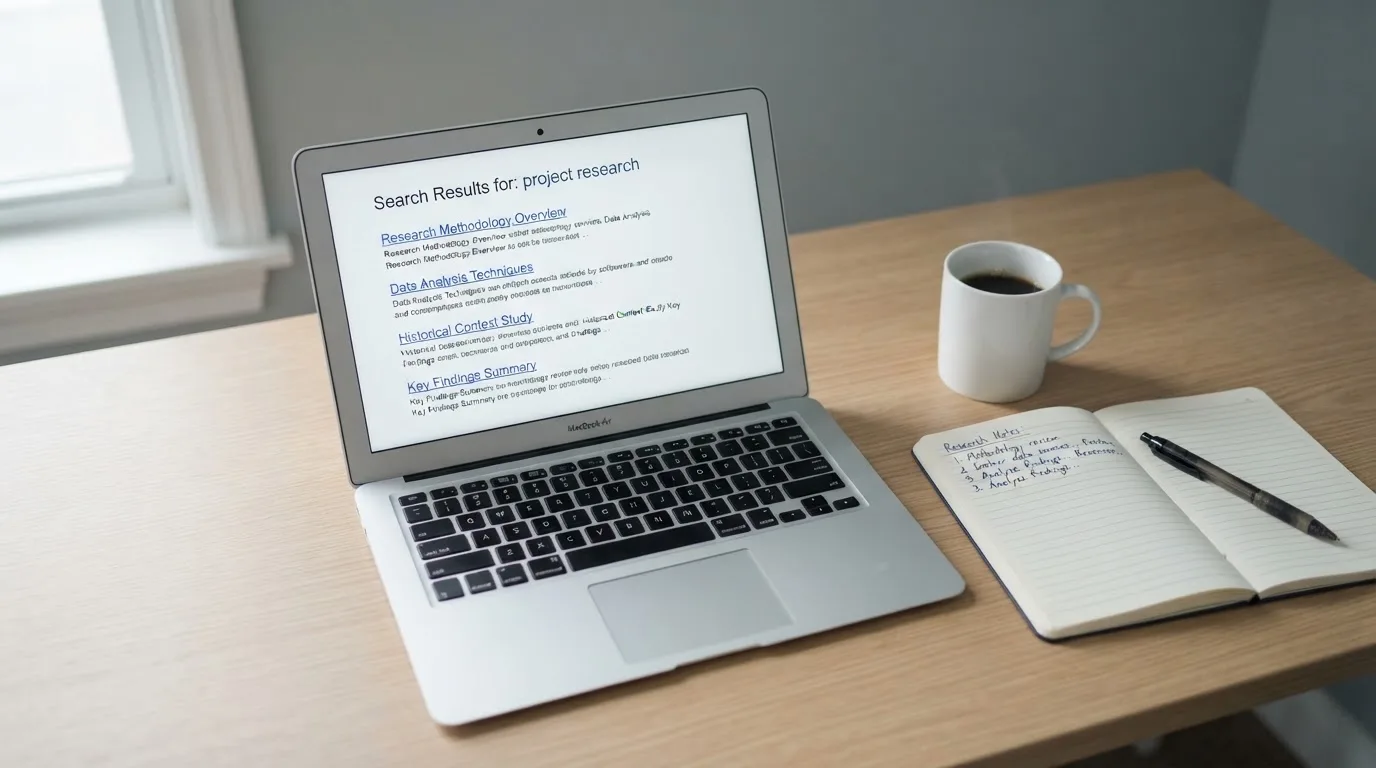 A tidy desk with a laptop open on a plain search-results page, a notebook and a coffee cup beside it, no screens showing any casino branding.