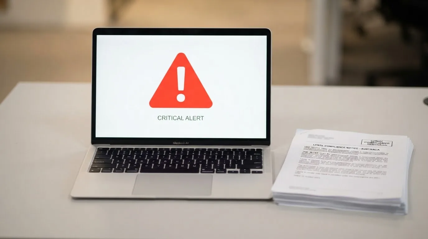 A red triangular warning sign icon on a laptop screen next to a stack of legal papers, symbolising an official caution rather than any specific website.