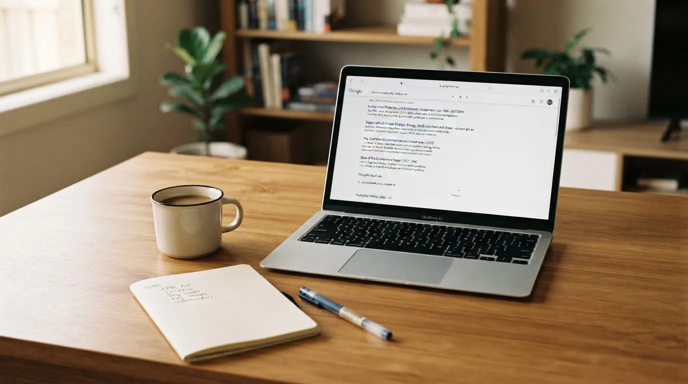 A tidy desk with a laptop open on a plain search-results page, a notebook and a coffee cup beside it, no screens showing any casino branding.
