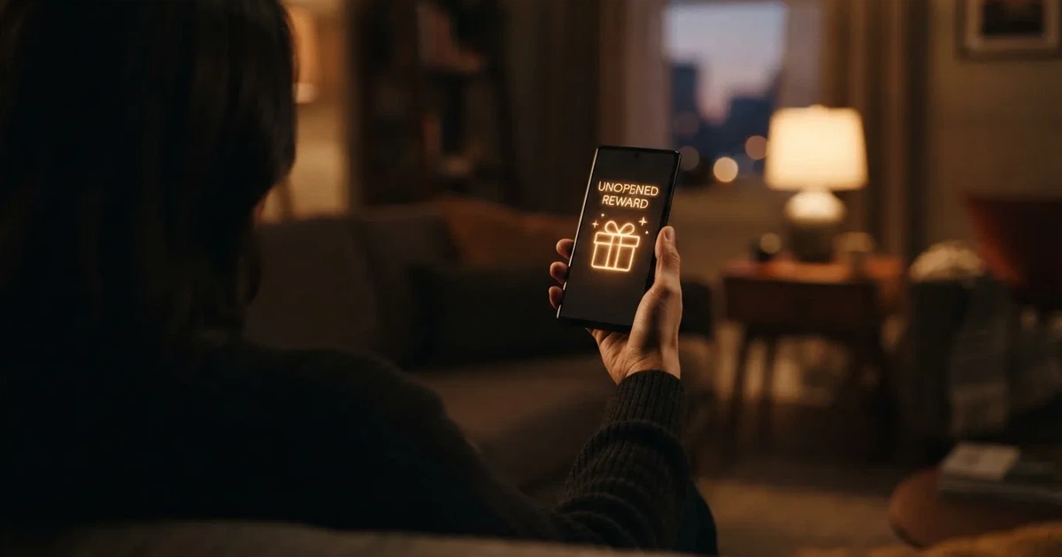 A gift box icon glowing on a phone screen, held at arm's length, suggesting an unopened offer rather than an active game.