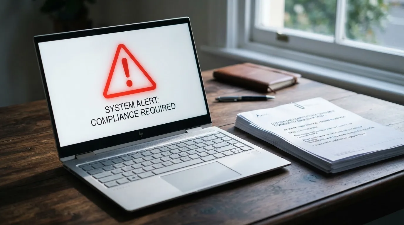A red triangular warning sign icon on a laptop screen next to a stack of legal papers, symbolising an official caution rather than any specific website.