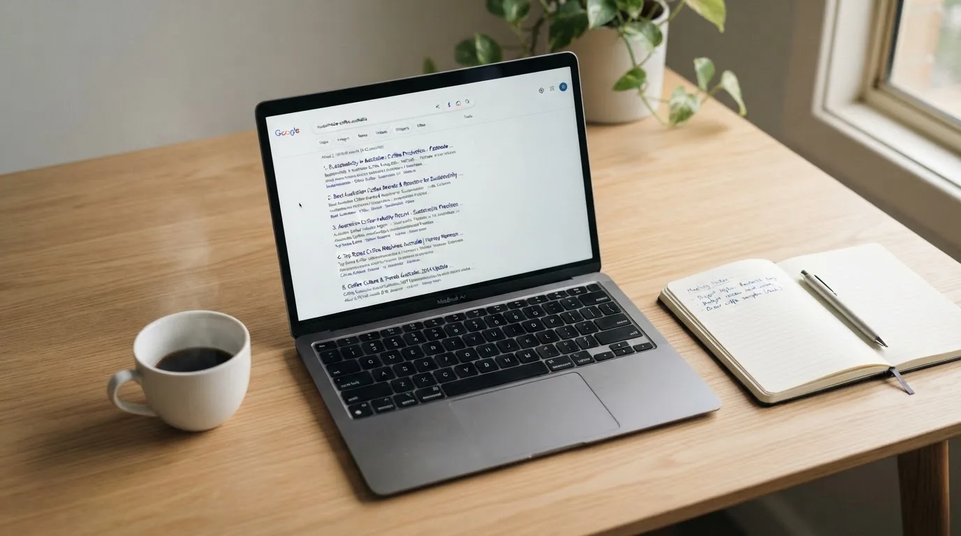 A tidy desk with a laptop open on a plain search-results page, a notebook and a coffee cup beside it, no screens showing any casino branding.