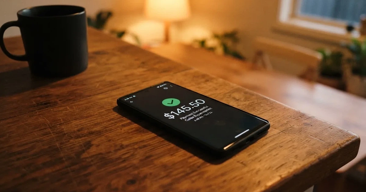 A smartphone screen showing a generic bank-transfer confirmation tick, held over a kitchen table.