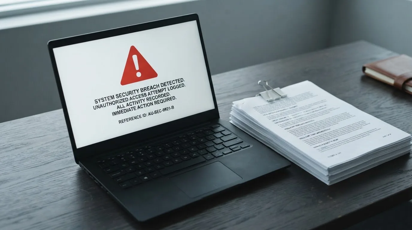 A red triangular warning sign icon on a laptop screen next to a stack of legal papers, symbolising an official caution rather than any specific website.
