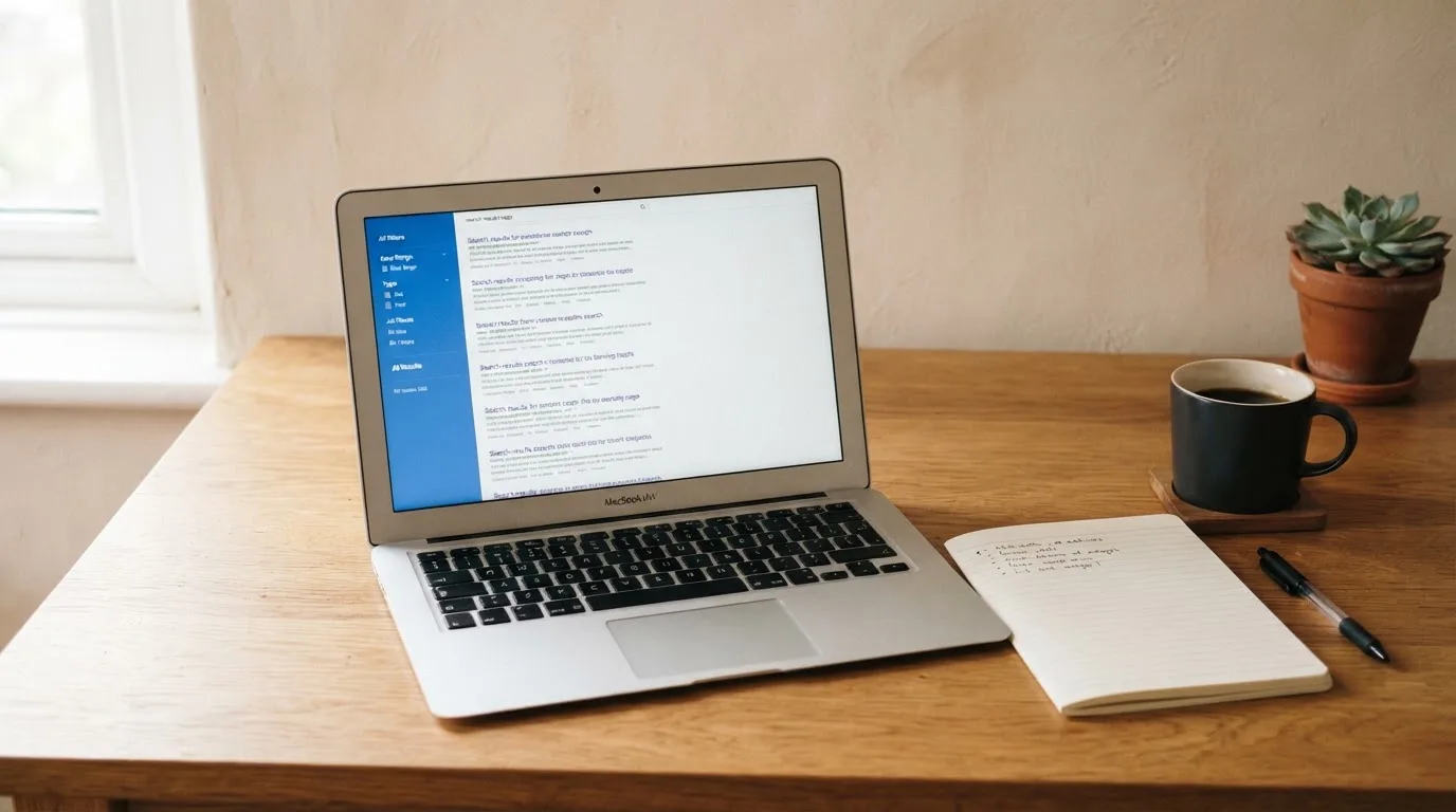 A tidy desk with a laptop open on a plain search-results page, a notebook and a coffee cup beside it, no screens showing any casino branding.