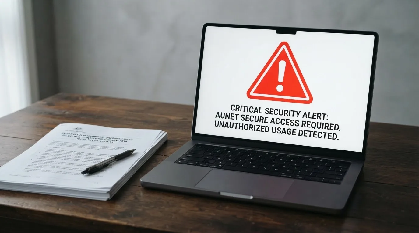 A red triangular warning sign icon on a laptop screen next to a stack of legal papers, symbolising an official caution rather than any specific website.