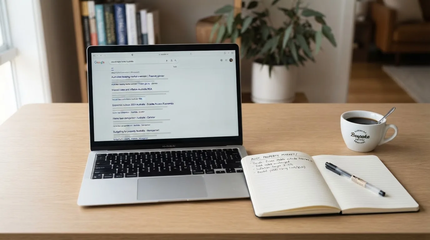 A tidy desk with a laptop open on a plain search-results page, a notebook and a coffee cup beside it, no screens showing any casino branding.