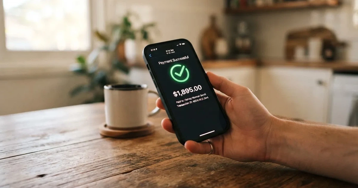 A smartphone screen showing a generic bank-transfer confirmation tick, held over a kitchen table.
