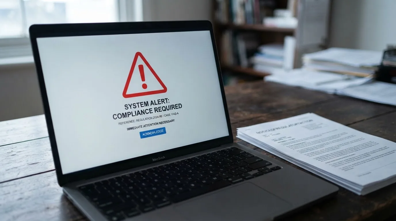 A red triangular warning sign icon on a laptop screen next to a stack of legal papers, symbolising an official caution rather than any specific website.