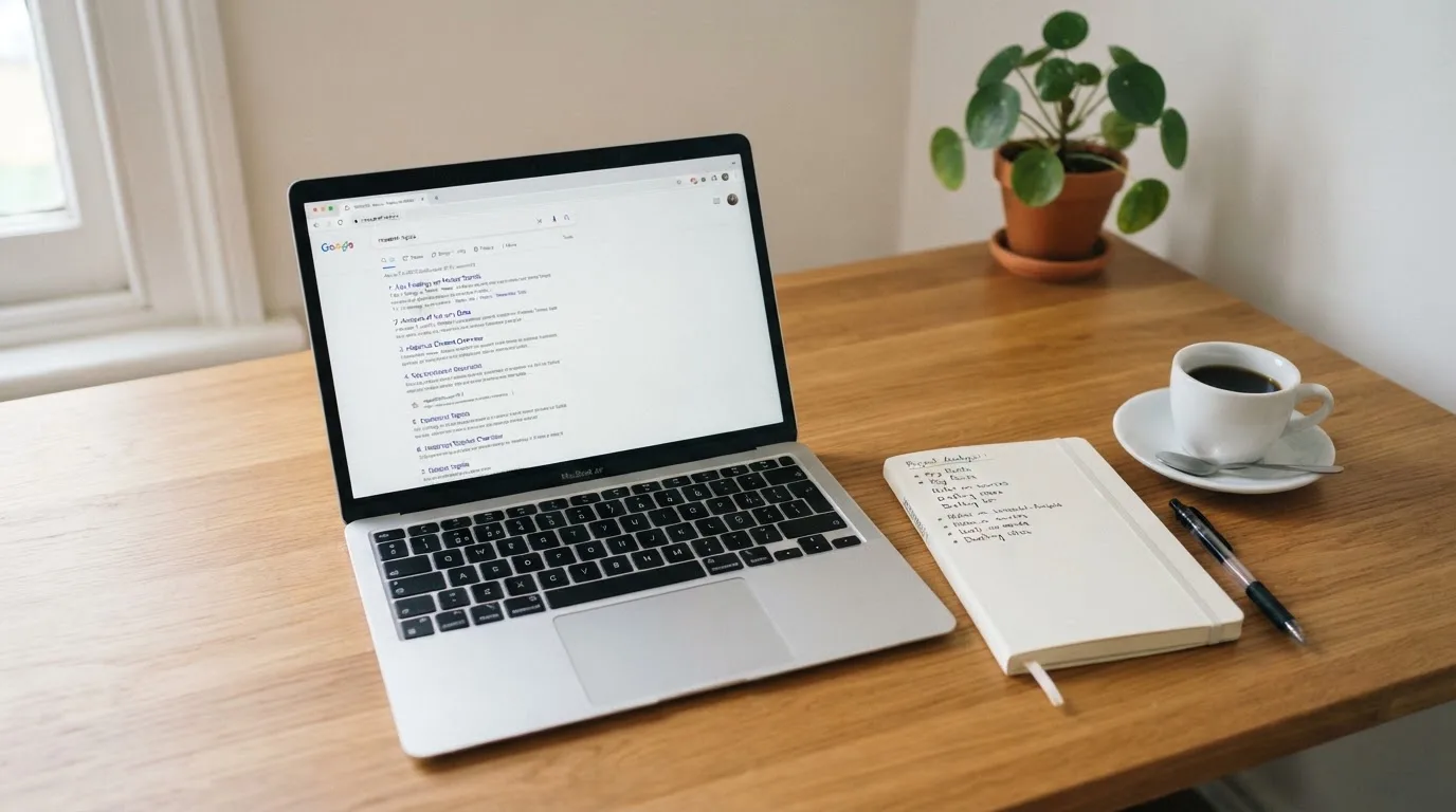 A tidy desk with a laptop open on a plain search-results page, a notebook and a coffee cup beside it, no screens showing any casino branding.