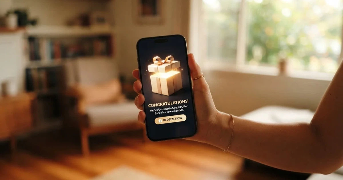 A gift box icon glowing on a phone screen, held at arm's length, suggesting an unopened offer rather than an active game.