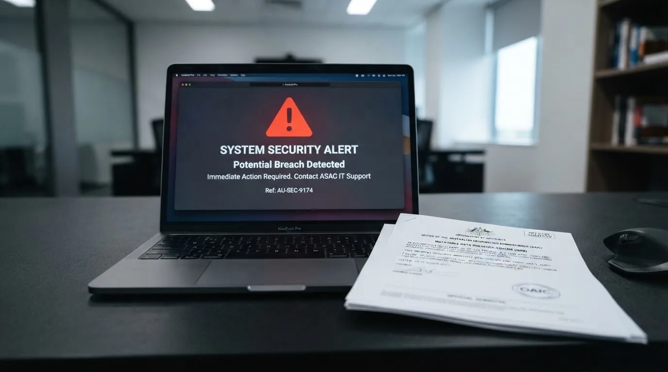 A red triangular warning sign icon on a laptop screen next to a stack of legal papers, symbolising an official caution rather than any specific website.
