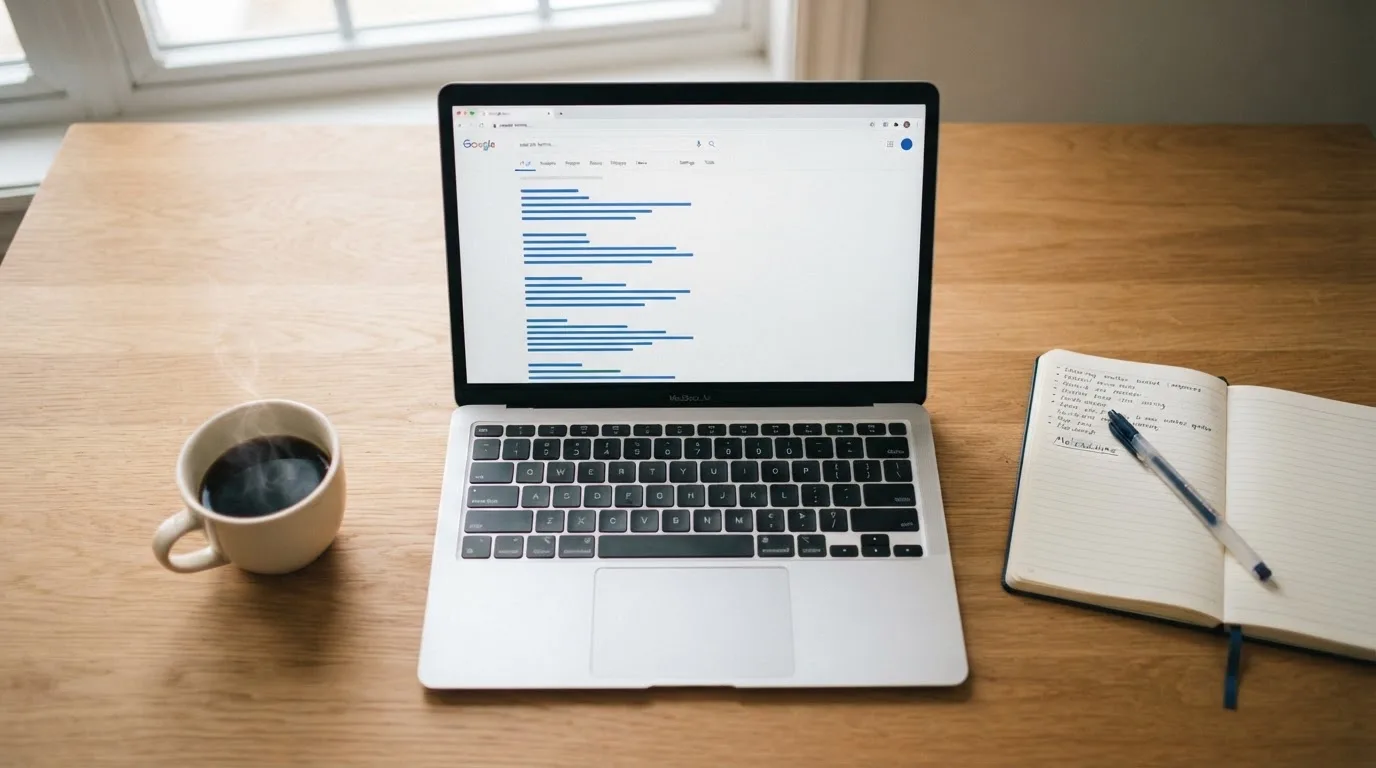 A tidy desk with a laptop open on a plain search-results page, a notebook and a coffee cup beside it, no screens showing any casino branding.