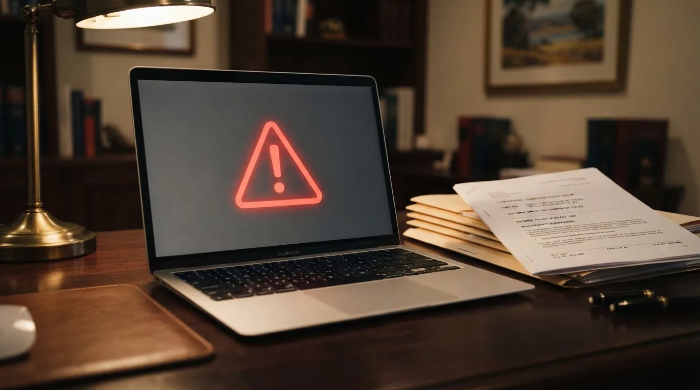 A red triangular warning sign icon on a laptop screen next to a stack of legal papers, symbolising an official caution rather than any specific website.
