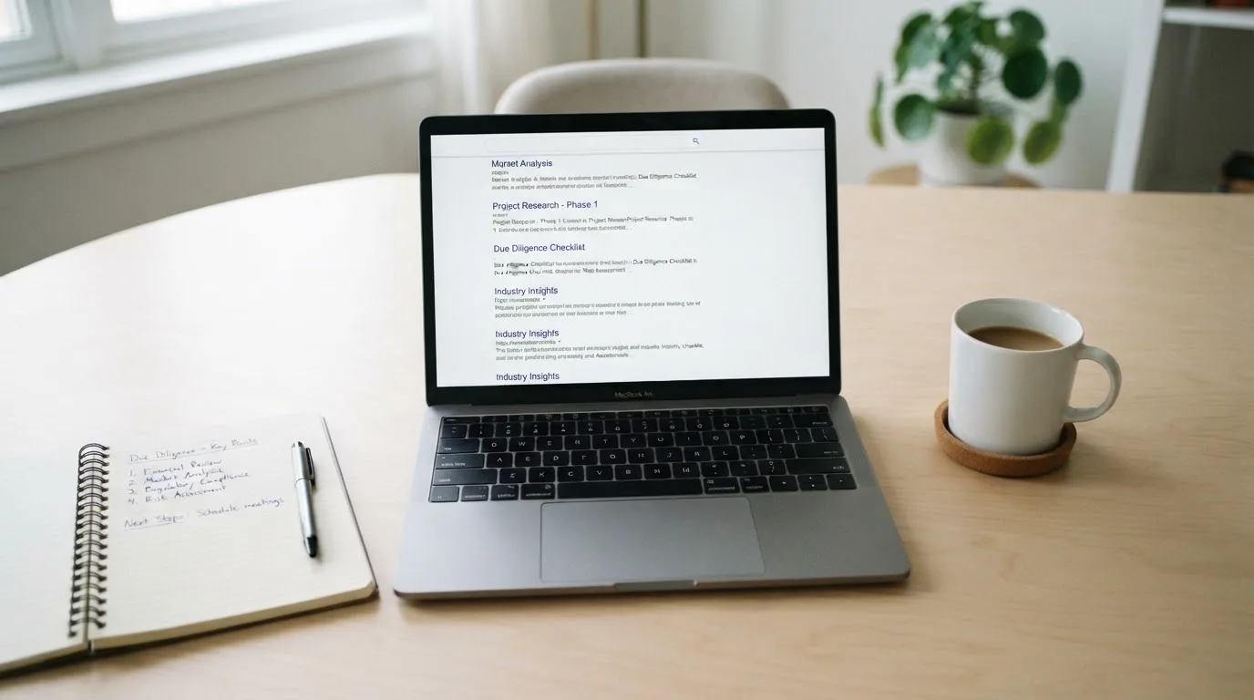 A tidy desk with a laptop open on a plain search-results page, a notebook and a coffee cup beside it, no screens showing any casino branding.