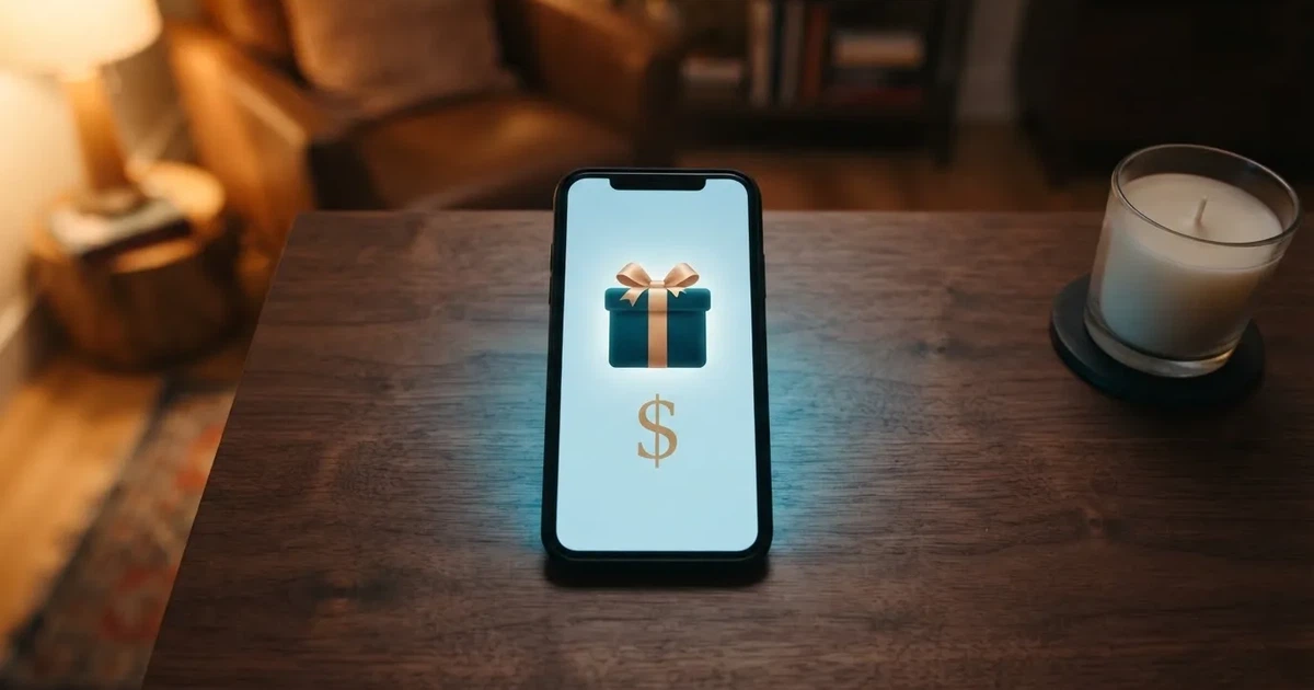 A gift box icon glowing on a phone screen, held at arm's length, suggesting an unopened offer rather than an active game.