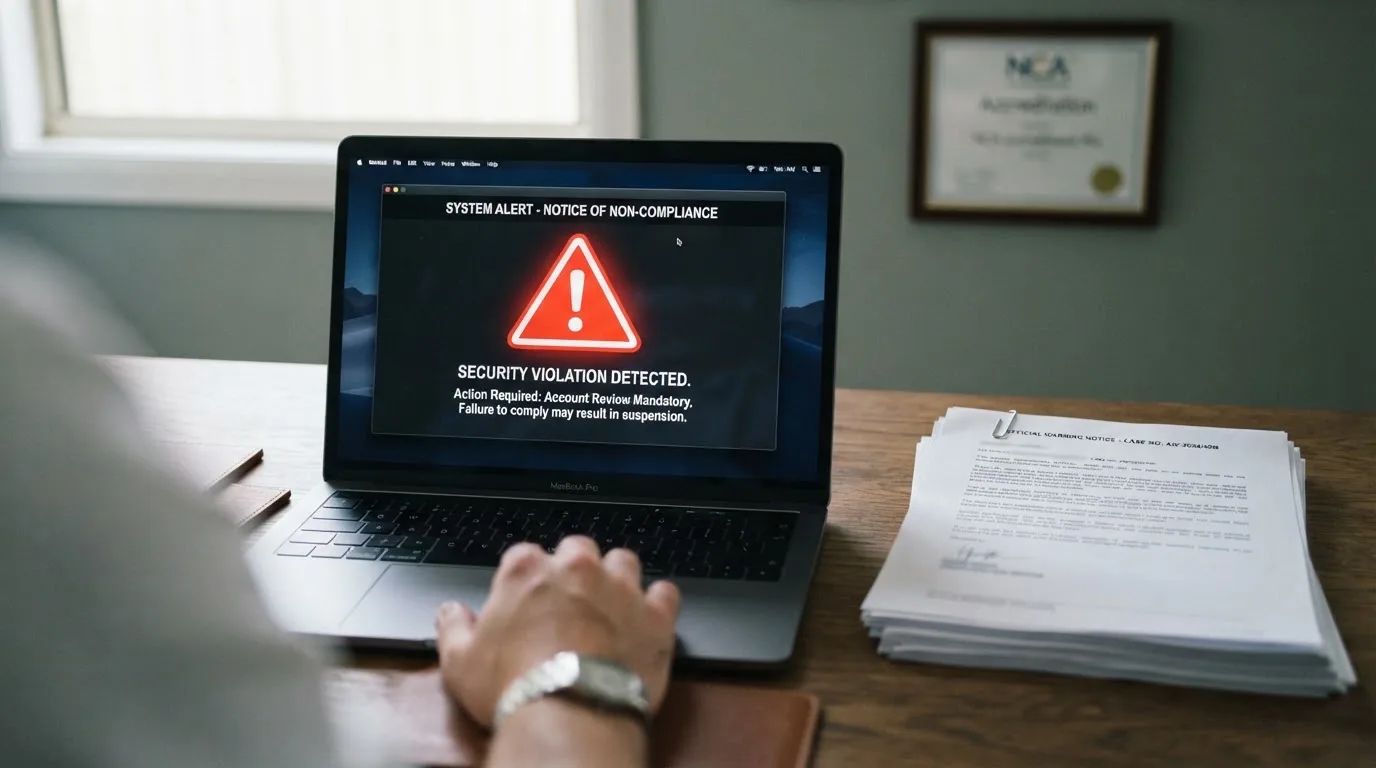 A red triangular warning sign icon on a laptop screen next to a stack of legal papers, symbolising an official caution rather than any specific website.
