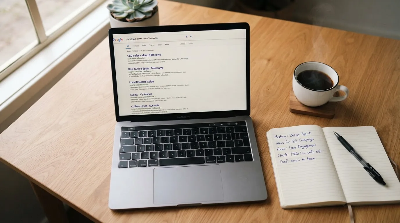 A tidy desk with a laptop open on a plain search-results page, a notebook and a coffee cup beside it, no screens showing any casino branding.