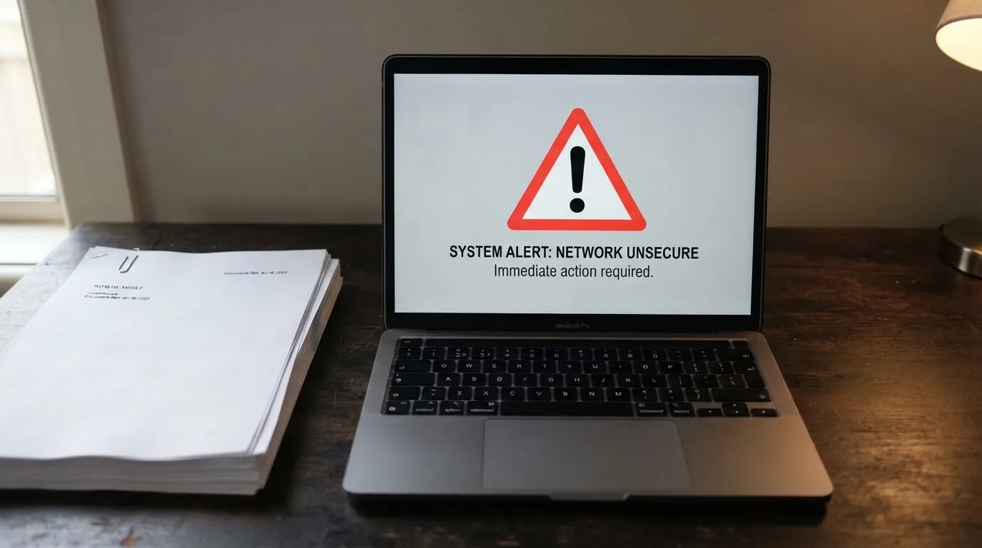 A red triangular warning sign icon on a laptop screen next to a stack of legal papers, symbolising an official caution rather than any specific website.