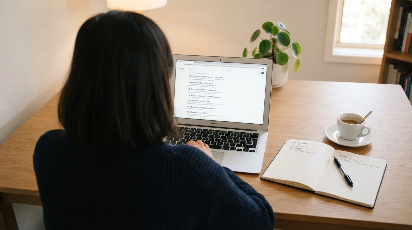 A tidy desk with a laptop open on a plain search-results page, a notebook and a coffee cup beside it, no screens showing any casino branding.