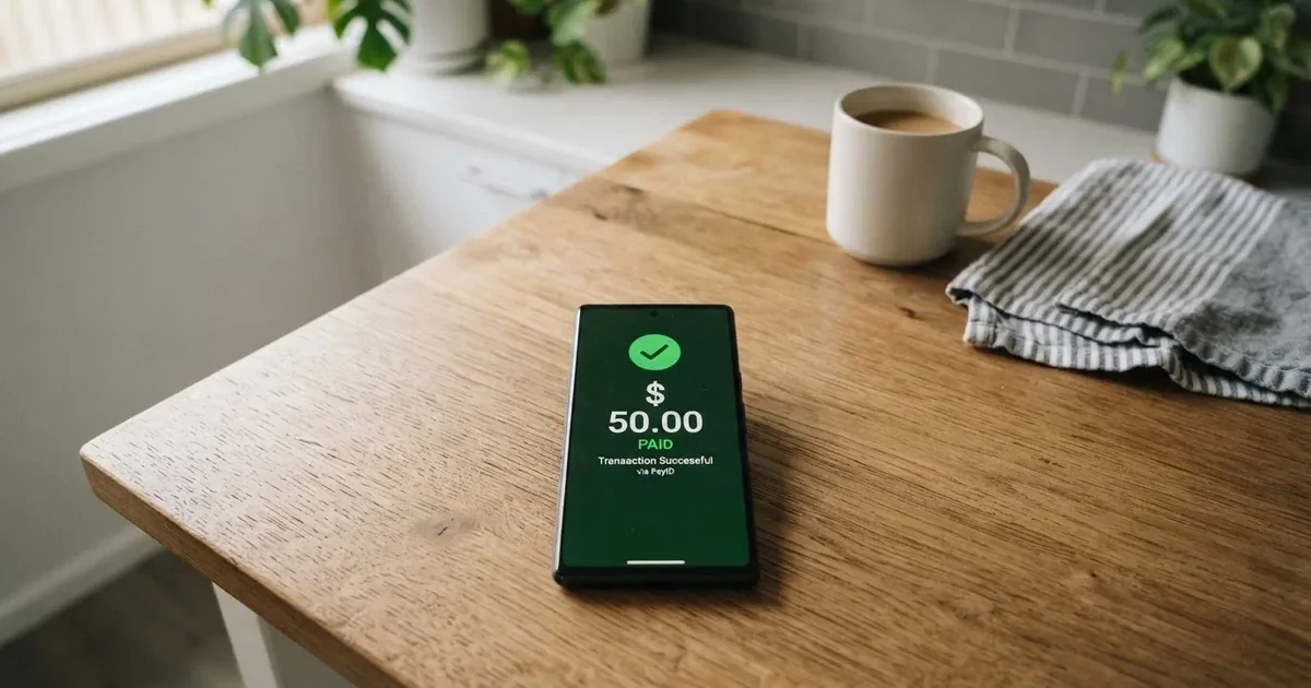 A smartphone screen showing a generic bank-transfer confirmation tick, held over a kitchen table.
