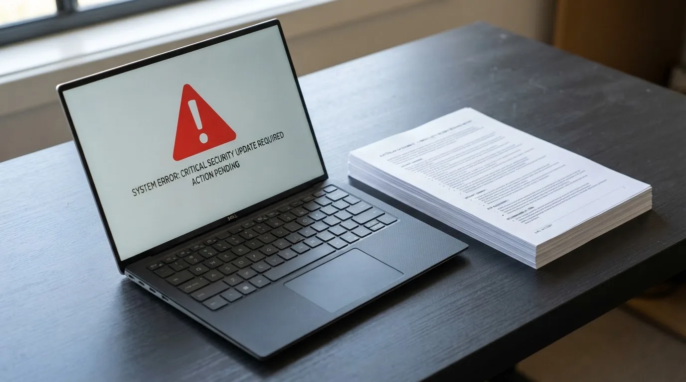 A red triangular warning sign icon on a laptop screen next to a stack of legal papers, symbolising an official caution rather than any specific website.
