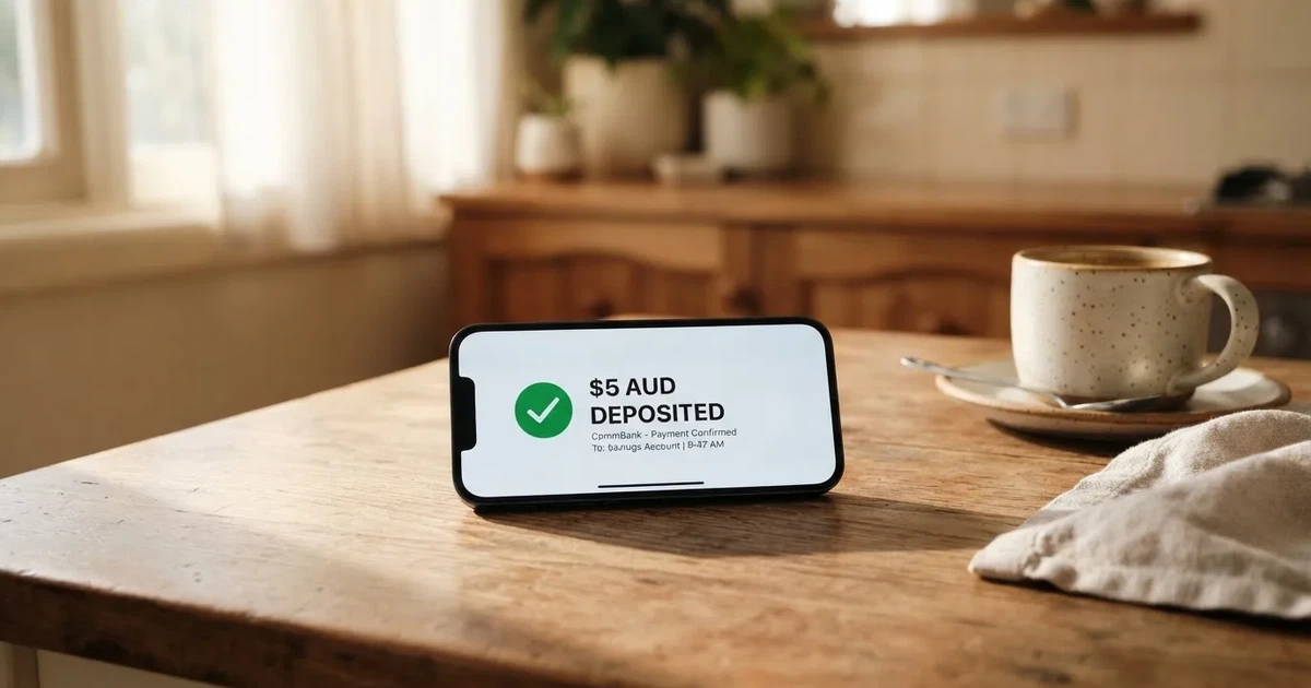 A smartphone screen showing a generic bank-transfer confirmation tick, held over a kitchen table.