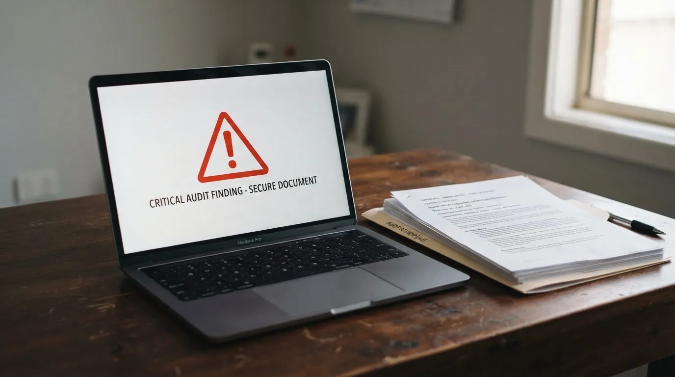 A red triangular warning sign icon on a laptop screen next to a stack of legal papers, symbolising an official caution rather than any specific website.