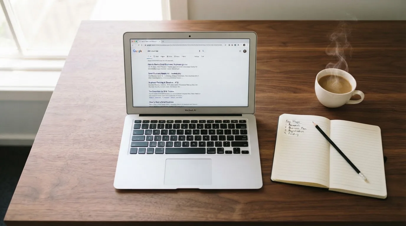 A tidy desk with a laptop open on a plain search-results page, a notebook and a coffee cup beside it, no screens showing any casino branding.