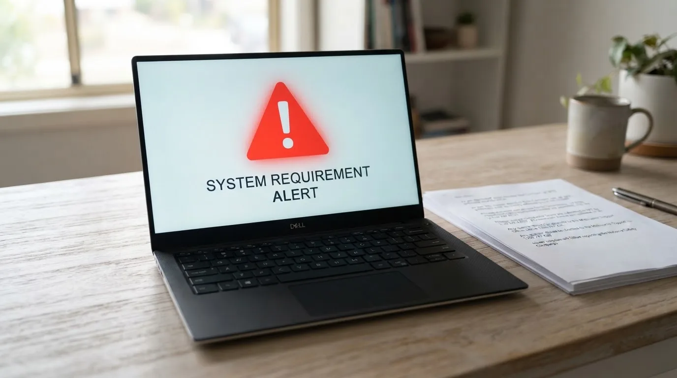 A red triangular warning sign icon on a laptop screen next to a stack of legal papers, symbolising an official caution rather than any specific website.