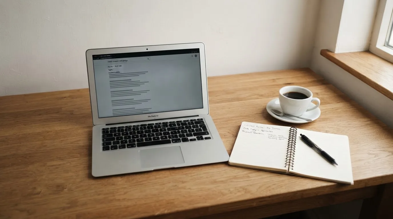 A tidy desk with a laptop open on a plain search-results page, a notebook and a coffee cup beside it, no screens showing any casino branding.