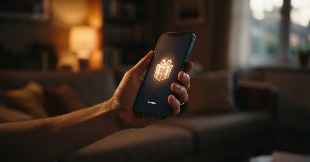 A gift box icon glowing on a phone screen, held at arm's length, suggesting an unopened offer rather than an active game.