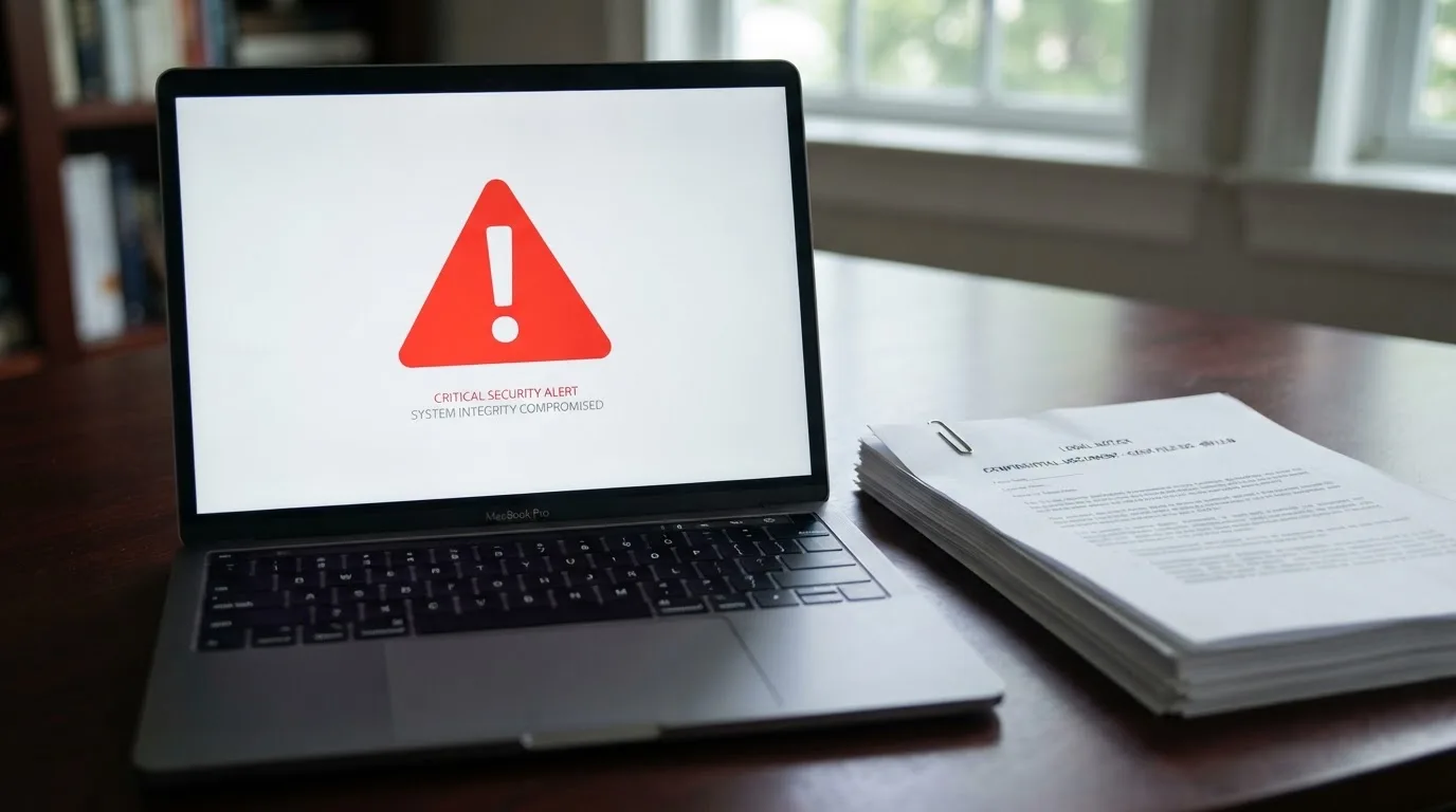 A red triangular warning sign icon on a laptop screen next to a stack of legal papers, symbolising an official caution rather than any specific website.