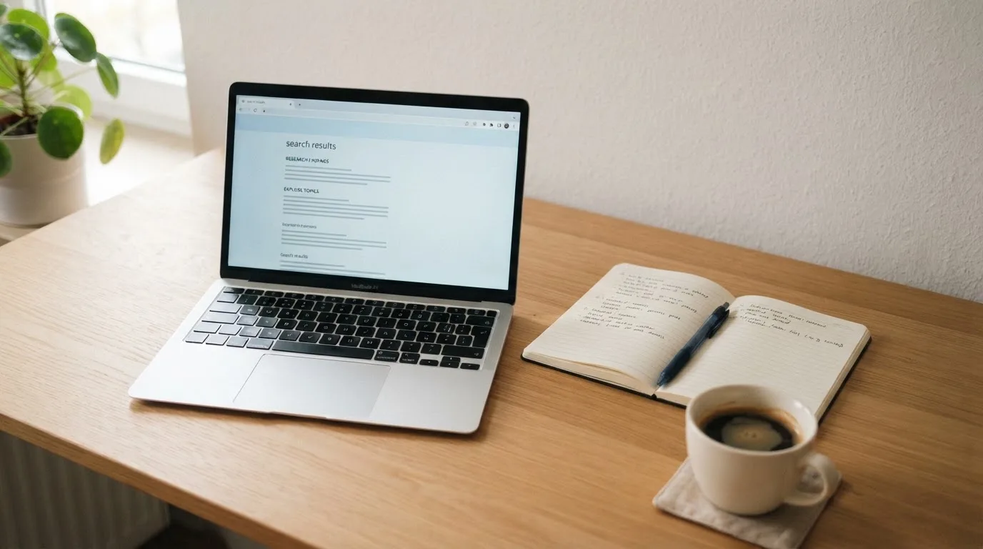 A tidy desk with a laptop open on a plain search-results page, a notebook and a coffee cup beside it, no screens showing any casino branding.