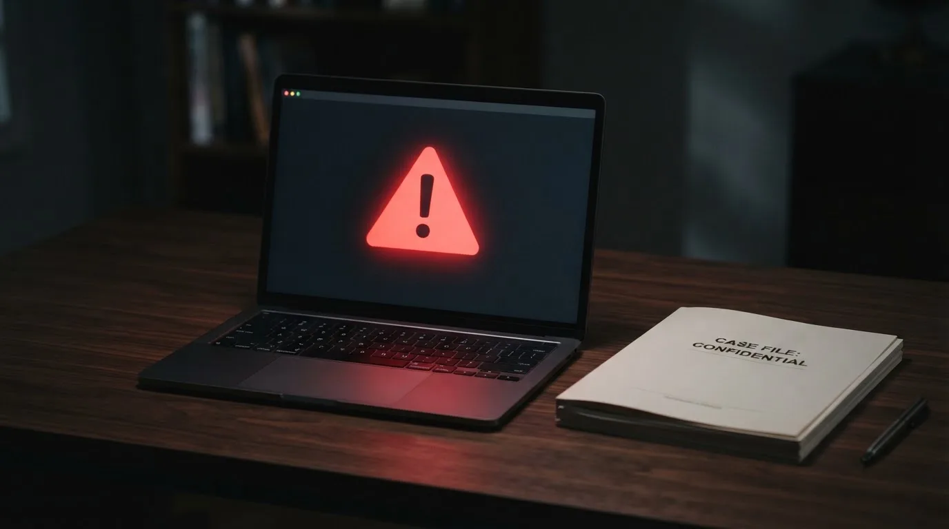 A red triangular warning sign icon on a laptop screen next to a stack of legal papers, symbolising an official caution rather than any specific website.