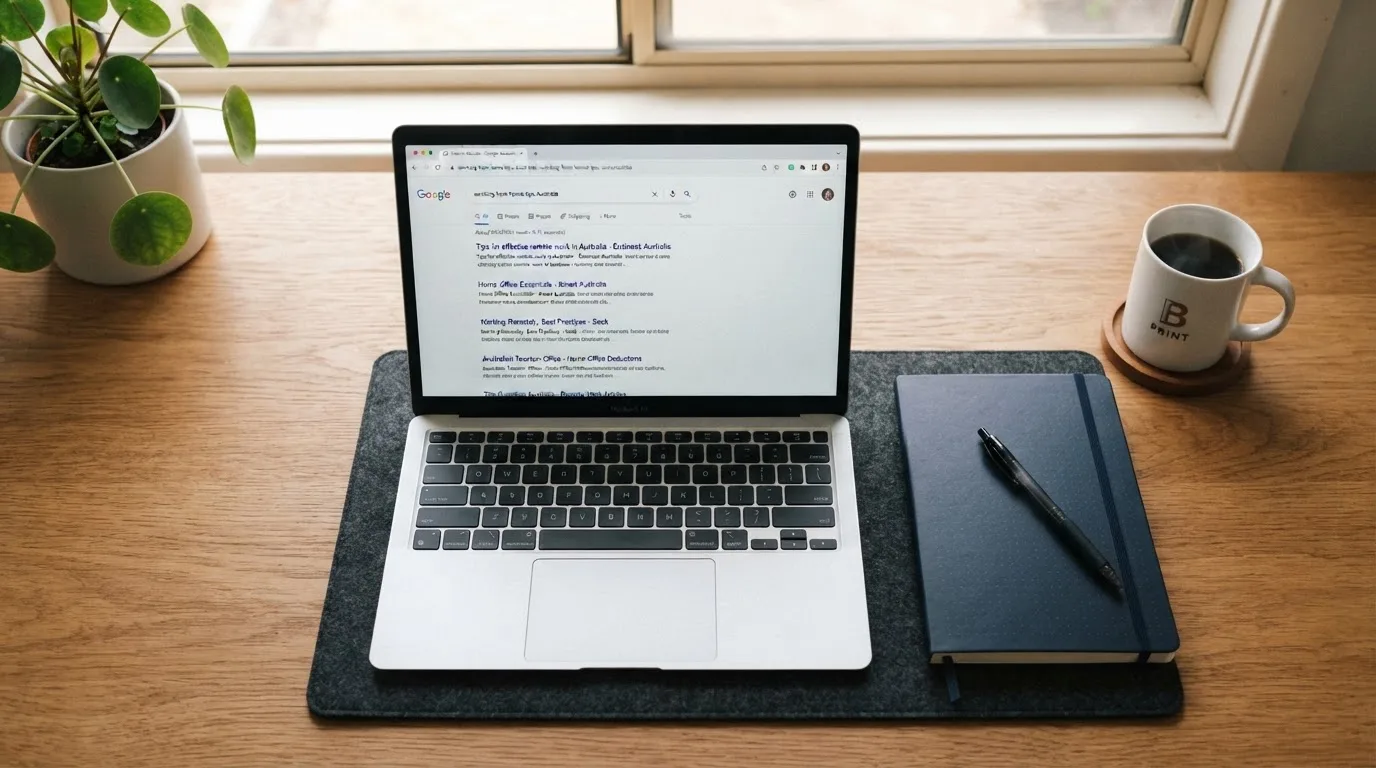 A tidy desk with a laptop open on a plain search-results page, a notebook and a coffee cup beside it, no screens showing any casino branding.